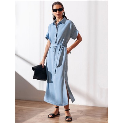 Длинное платье-рубашка с поясом и разрезами из джинсового лиоцелла