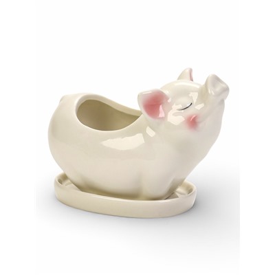 Декоративный горшок для цветов «Поросёнок», керамический, 150 мл, 12×6×10 см, с поддоном, белый, Greengo