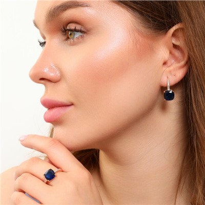 Комплект ювелирная бижутерия с квадратным камнем коллекция  "Дубай" серьги и кольцо 19 р, покрытие: позолота, вставка: фианиты, цвет: прозрачный и синий, арт.213.787-19