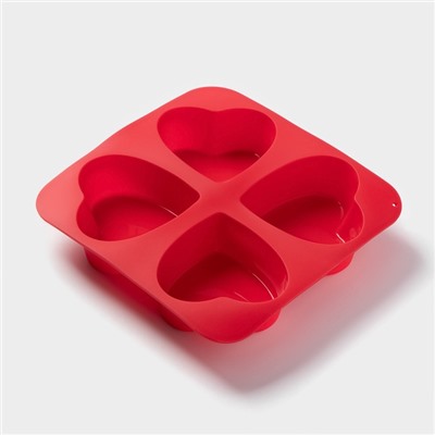 Форма для выпечки Доляна «Сердца», силикон, 16×16 см, 4 ячейки (7×7×3 см), цвет красный