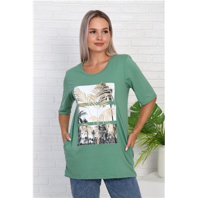 Футболка удлиненная с рисунком листья пальмы, Арт. 786 (Оливковый)