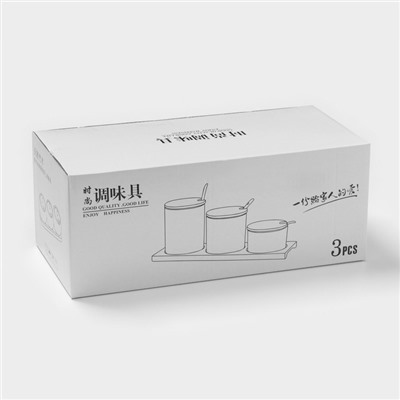 УЦЕНКА Набор банок на деревянной подставке 3 шт. «Эстет. Gold» 29.5×10×10 см, белая