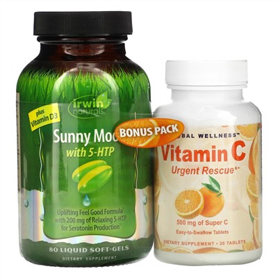 Irwin Naturals, Sunny Mood, 5-гидрокситриптофан плюс витамин D3, 80 гелевых капсул с жидкостью, плюс витамин C, 500 мг, 30 капсул