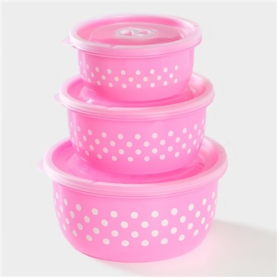 Контейнеры для еды с клапаном Доляна «Горошек», набор 3 шт.: 300/600/900 мл, пластик, круглые, розовые
