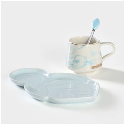Чайная пара «Листочек», 3 предмета: чашка 320 мл, блюдце 25.5×16 см, ложка, керамика, голубая