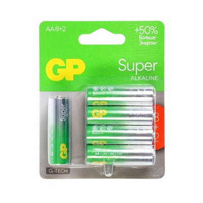 Батарейка алкалиновая GP Super, AA, LR6-10BL, 1.5В, 8+2 шт.