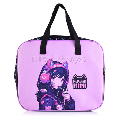 Папка для тетрадей, ИЗО и технологии "Kawaii Mimi" A4 (36x28x8 см) плотный износостойкий полиэстер с водоотталкивающей пропиткой, с каучуковой аппликацией