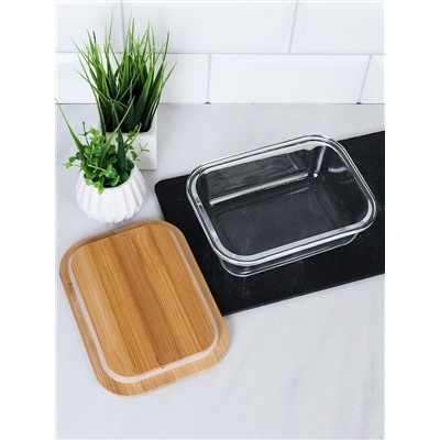 Контейнер прямоугольный крышка бамбук 640 мл стекло / P640 /уп 36/