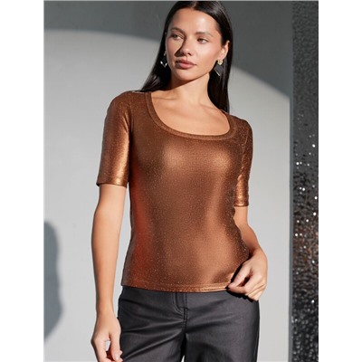 Футболка облегающая из хлопка в рубчик с U вырезом и матовым покрытием металлик