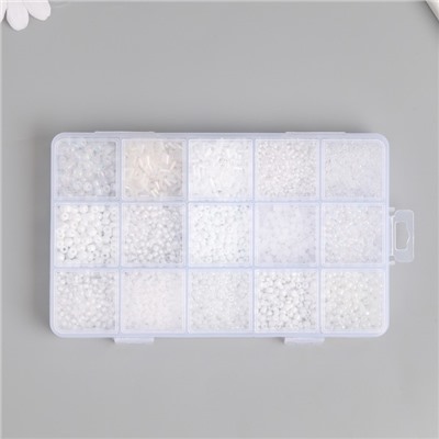 Бисер стекло 6/0, 8/0, 12/0 в шкатулке «Белый», стеклярус, 15.5×9.5×1.6 см