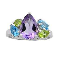 Кольцо из серебра аметист, перидот, топаз, Сорбонна