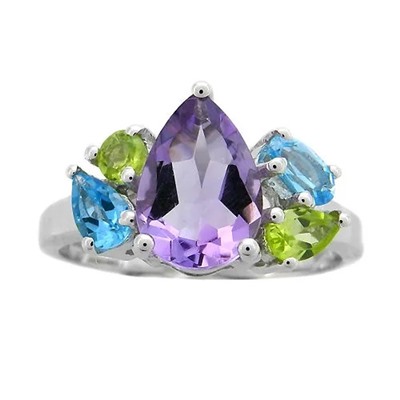 Кольцо из серебра аметист, перидот, топаз, Сорбонна