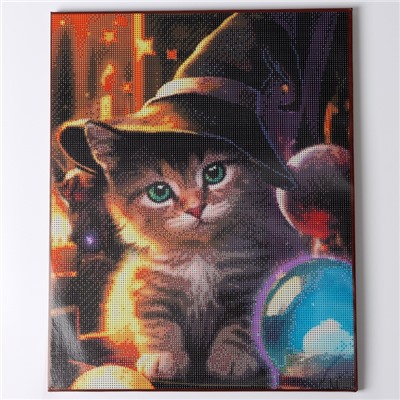 Алмазная вышивка полное заполнение «Котенок в шляпе», на раме, 40×50 см