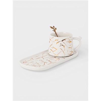 Чайная пара «Мрамор», 2 предмета: чашка 250 мл, блюдце 13.5×11×1 см, керамика, белая