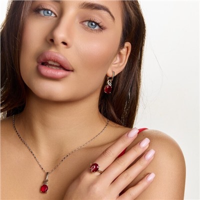 Комплект ювелирной бижутерии коллекция "Дубай" серьги, кулон и кольцо 18 р, покрытие посеребрение, вставка: стекло, цвет: красный, арт.313.444-18