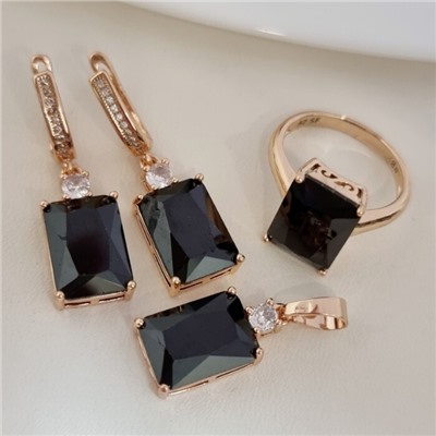 Комплект ювелирной бижутерии коллекция "Дубай" серьги, кулон и кольцо 18 р, покрытие позолота, вставка: фианит, цвет: черный, Уценка, арт.08.4031-17 (313.183-17))