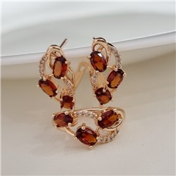 Комплект ювелирной бижутерии коллекция "Дубай" серьги и кольцо 17 р, покрытие позолота, вставка: фианиты, цвет: оранжево-красный, арт.215.521-17