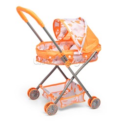 Коляска кукольная (металлическая, с капюшоном, сумкой и корзинкой, цвет оранжевый, с принтом) в пакете