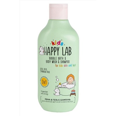 Happy Lab Kids Средство 3 в 1: пена, гель, шампунь для нежной детской кожи и волос / Сладкое яблочко, 300 мл KRISTALLER, 1109422