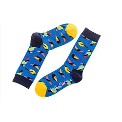 Носки женские с птичками, высокая резинка, хлопок-полиамид-эластан, цвет синий