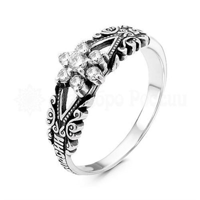 Кольцо из черненого серебра с фианитами - Спаси и сохрани 925 пробы 1-179