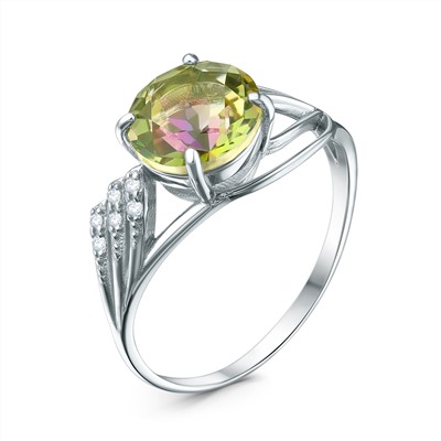Кольцо из серебра с жёлто-зелёным горным хрусталём и фианитами родированное 211256-FA11GH5