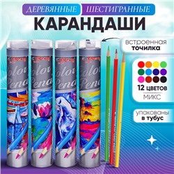 Карандаши 12 цветов, треугольные, деревянные "Пейзаж", в металлическом тубусе, МИКС