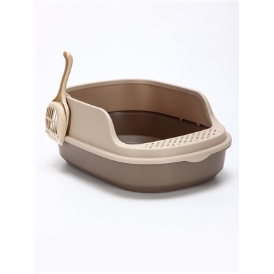 Лоток для кошек Фур-Мур 48×35.5 см с высоким бортом + совок, Soft-touch, капучино