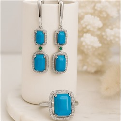 Комплект ювелирной бижутерии серьги и кольцо 18 р, покрытие посеребрение, вставка: фианиты и искусственный камень, цвет: бирюзовый и прозрачный, Уценка, арт.08.4037-18 (313.158-18)