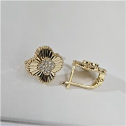 Серьги клевер ювелирная бижутерия Итальянское золото (покрытие желтое 14к), вставка: фианиты, цвет: прозрачный, арт.313.300