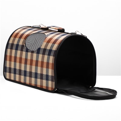 Сумка - переноска, размер M, 43×21×26 см, каркасная, со шторкой, клетчатая