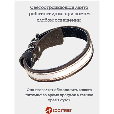 Ошейник, 35×1.5 см, с подкладом и светоотражающей лентой, кожа, коричневый