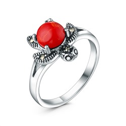 Кольцо черепаха из чернёного серебра с имитированным кораллом и марказитами GAR3110к
