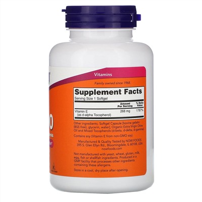 Now Foods, витамин E-400 со смешанными токоферолами, 268 мг (400 МЕ), 250 капсул