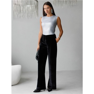 Топ с закрытым декольте из хлопка с эластаном в рубчик с матовым покрытием металлик