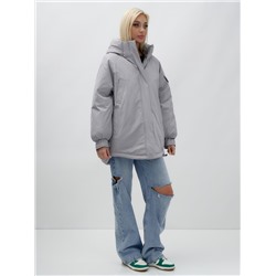 Куртка летучая мышь женская с капюшоном зимняя серого цвета 9630Sr