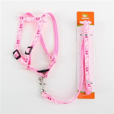 Шлейка с поводком «Цветные следы», ОГ 23-35, ширина 1 см, поводок 120 см, розовая