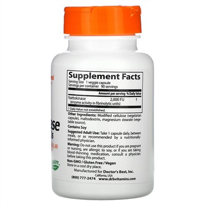Doctor's Best, наттокиназа, 2000 FU, 90 вегетарианских капсул