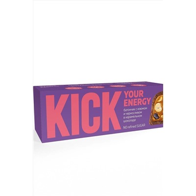 Батончик "KICK energy" арахисовый с изюмом и черносливом в карамельном шоколаде 45г ЭКОПРОДУКТЫ, 1188775