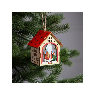 Ёлочная игрушка «Домик с Дедом Морозом», 8×7×6 см, 1 LED, от батареек, свечение тёплое белое