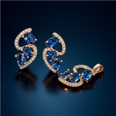 Комплект ювелирной бижутерии коллекция "Дубай" серьги и кулон, покрытие позолота, вставка: фианиты и цирконы, цвет: синий и прозрачный, арт.414.029