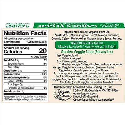 Edward & Sons, Edward & Sons, Garden Veggie, Bouillon Cubes, 8 Cubes