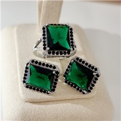 Комплект ювелирной бижутерии коллекция "Дубай" серьги и кольцо 17 р покрытие посеребрение, вставка: стекло и цирконы, цвет: зеленый и черный, арт.215.545-17
