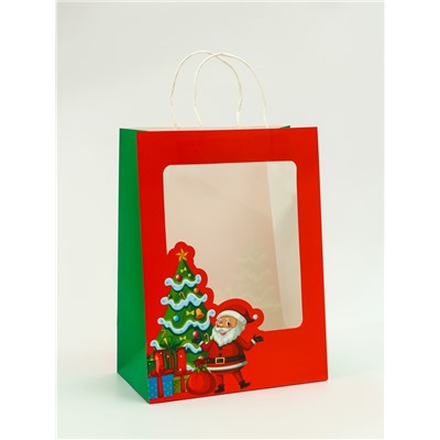 Пакет подарочный новогодний крафт, с окном «Дед Мороз» 26×35×16 см