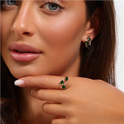 Комплект ювелирной бижутерии коллекция "Дубай" серьги и кольцо 17 р, покрытие позолота, вставка: фианиты, цвет: зеленый, арт.215.517-17