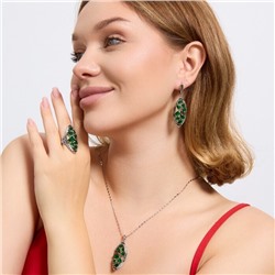 Крупный комплект ювелирной бижутерии серьги, кулон и кольцо 18 р, покрытие посеребрение, вставка: фианиты, цвет: зеленый, арт.314.918-18
