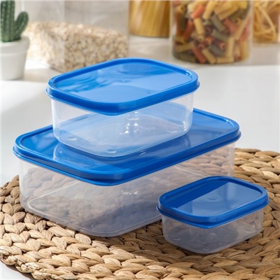 Набор контейнеров пищевых прямоугольных Доляна, 3 шт.: 150 мл, 500 мл, 1.2 л, цвет синий