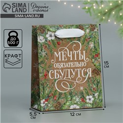 Пакет подарочный новогодний крафтовый «Пусть мечты сбудутся», S 12×15×5.5 см