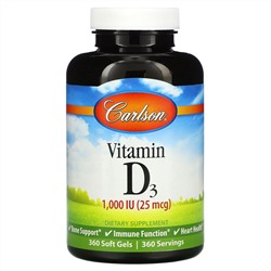 Carlson Labs, Vitamin D3, 25 mcg (1,000 IU), 360 Soft Gels