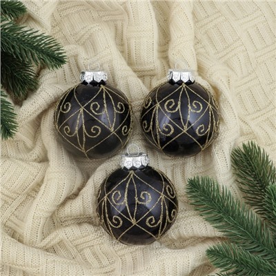 Ёлочные игрушки «Сказочные узоры» завитки, шары новогодние, d=8 см, 3 шт., золотисто-чёрный